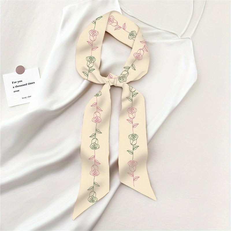 Rose Print Skinny Scarf Neckerchief Solid Neck Tie Long Hair Ribbon