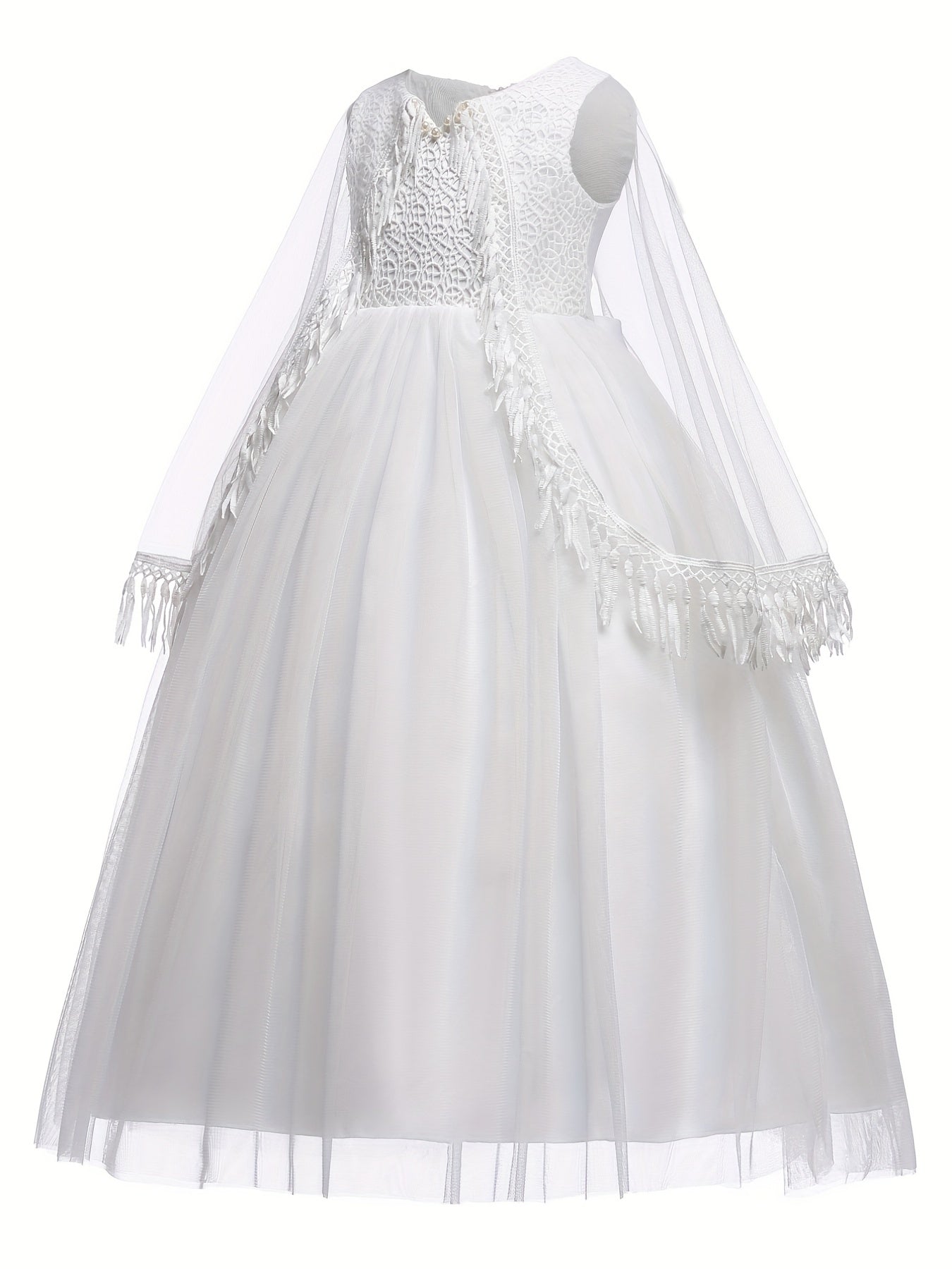 Kids Evening Mesh Tutu Dress With Tassel Lace Fluffy Sleeve Long