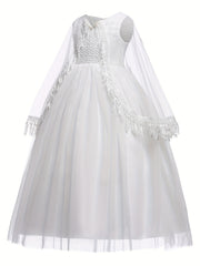 Kids Evening Mesh Tutu Dress With Tassel Lace Fluffy Sleeve Long