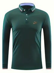 Men's Wolves Print Polo Shirt Breathable Button Up Lapel Long Sleeve Shirt