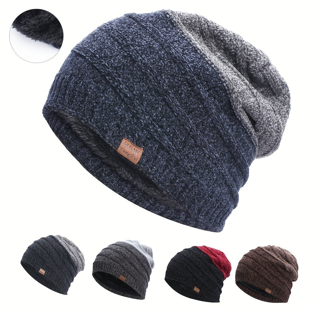 Men's Plus Fleece Beanie Outdoor Warm Knitted Hat Ski Hip Hop Hat