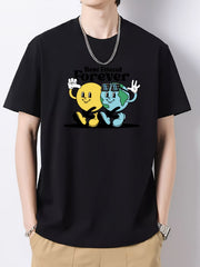 Cartoon Planets Print Men's Cotton Graphic Crew Neck Active T shirt