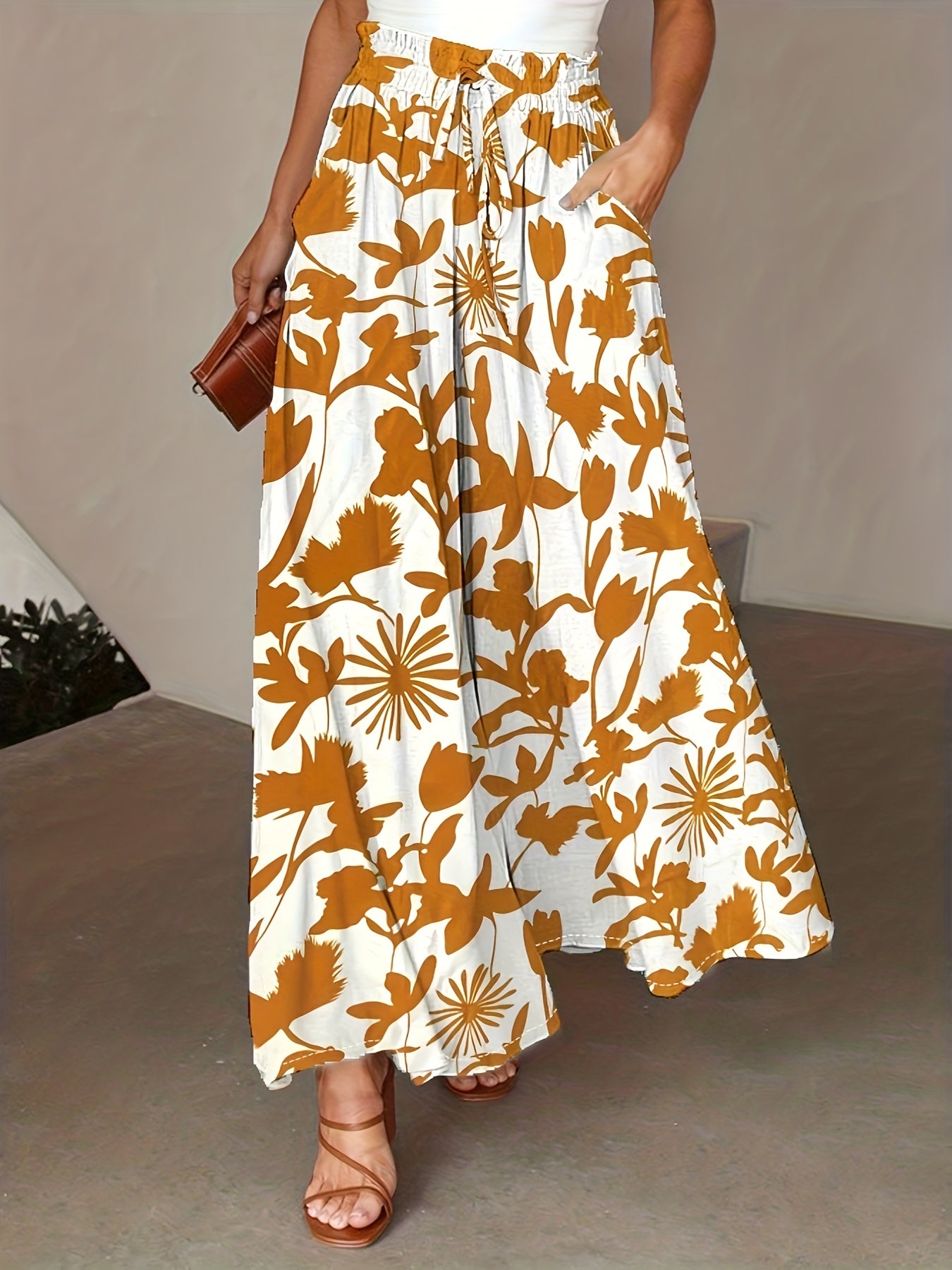 Plant Print Wide Leg Pants Loose Pants For Spring & Fall