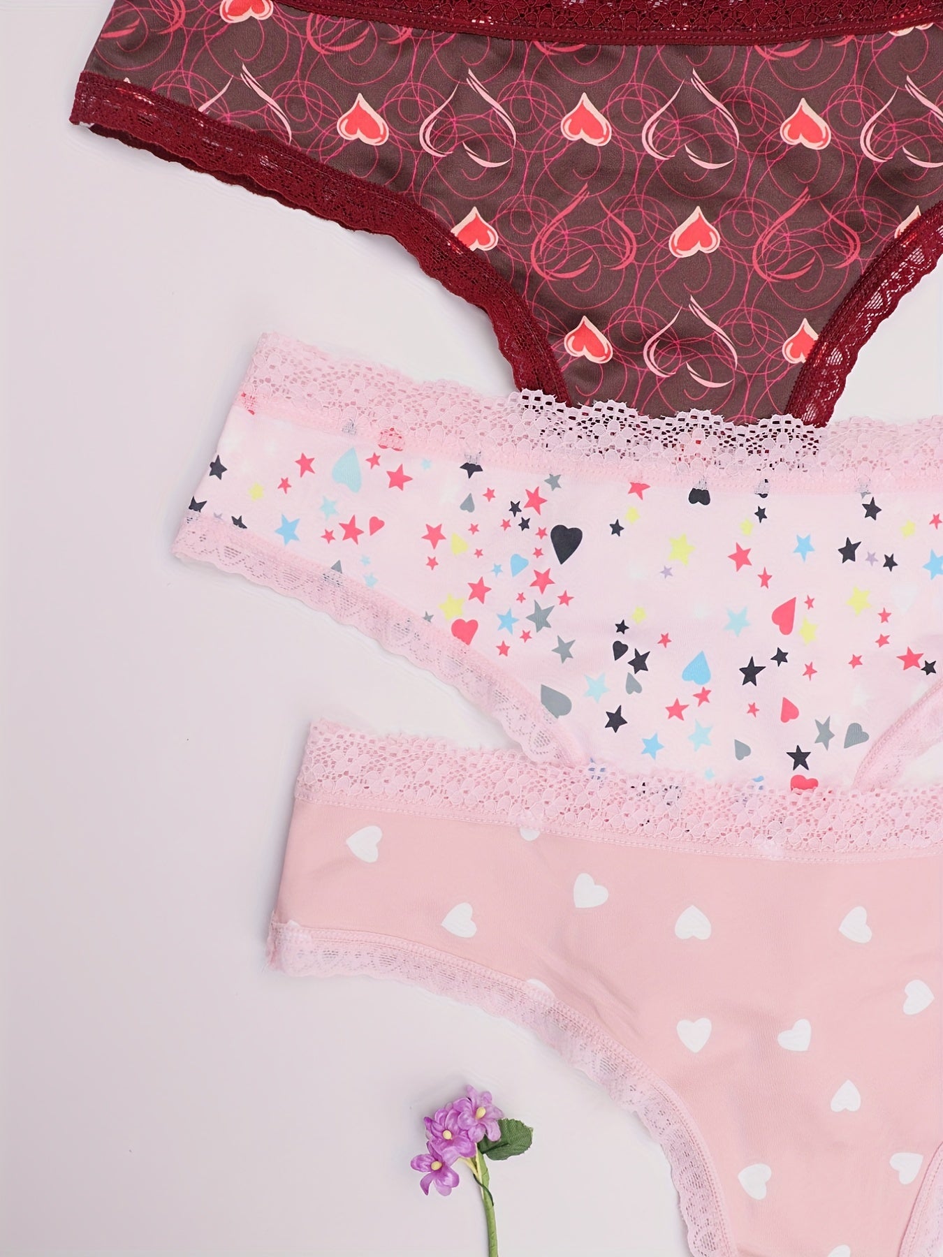 3pcs Heart Print Panties Lace Trim Sexy Low Waist Women's Lingerie