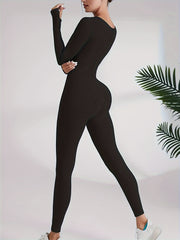 Long Sleeve Yoga Bodysuit Thumb Hole Square Neck Sports Jumpsuit