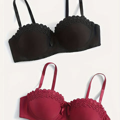 2pcs Lace Push Up Bras Comfy Bow Tie Bra Women's Lingerie & Underwear