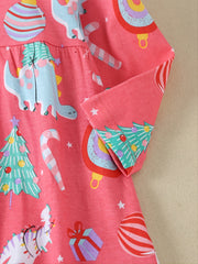 Girls Unicorn Christmas Tree Print Cotton Dress