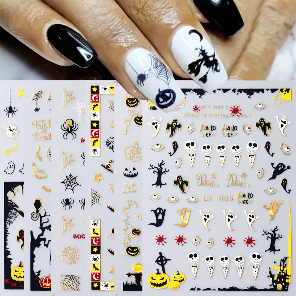 12pcs Halloween Nail Art Stickers 3D Laser Pumpkin Ghost Spider Skull Decals