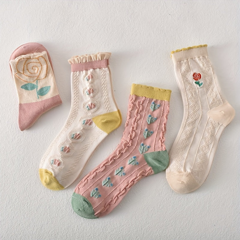 3 Pairs Floral Print Comfy Mid Tube Socks Women's Stockings & Hosiery