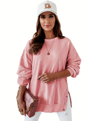 Solid Button Side Sweatshirt Casual Long Sleeve Crew Neck Sweatshirt Women's Clo