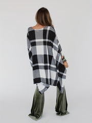 Plaid Round Neck Cover Up Blouse Loose Fit Casual Beachwear Cover Up Shirt