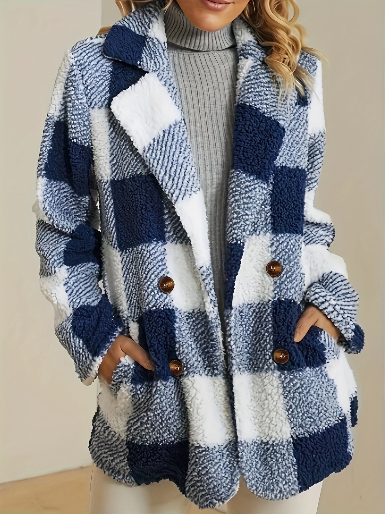 Plaid Pattern Dual Breasted Plush Coat for Fall & Winter
