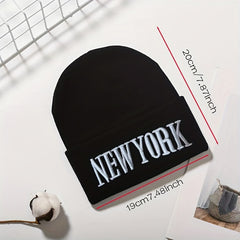 YORK Embroidery Beanie Unisex Solid Couple Knit Hat Casual Warm