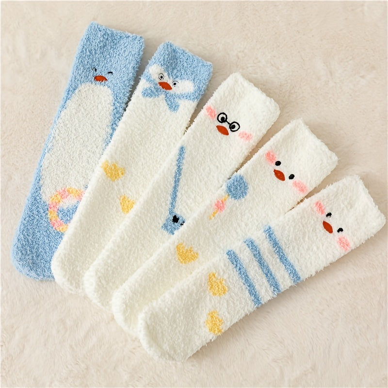5 Pairs Cute Duck Print Comfy & Fuzzy Socks Women's Stockings