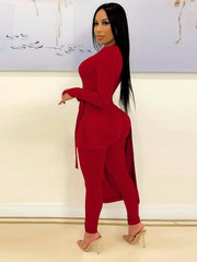 Solid Casual 2pc Set Asymmetrical Knotted Tops & High Waist Pants