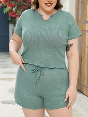 Ribbed Notched Neck Top & Drawstring Shorts Set