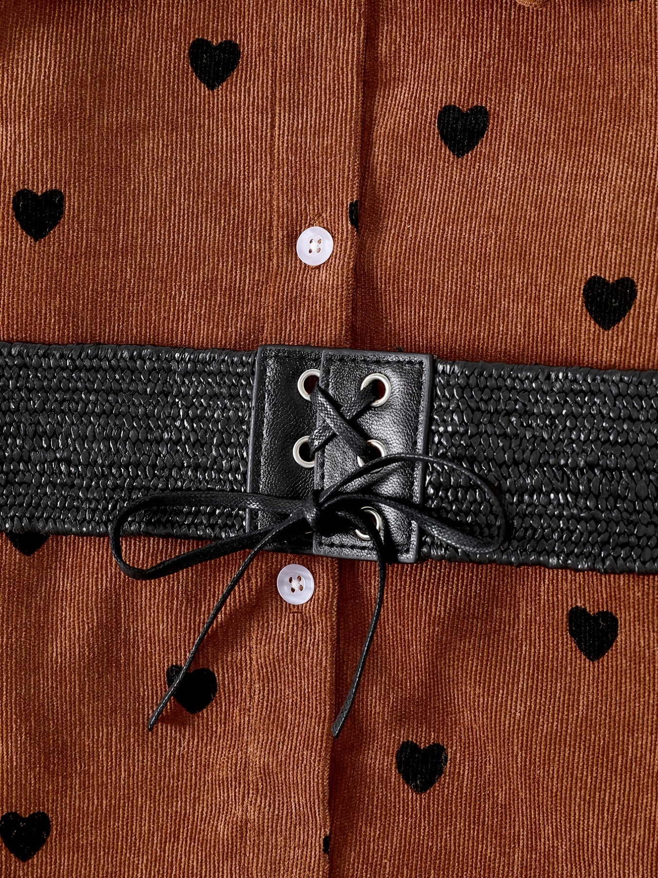Girls' Lace Up Waist Button Down Corduroy Jacket Coat With Hearts Printed