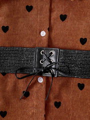 Girls' Lace Up Waist Button Down Corduroy Jacket Coat With Hearts Printed