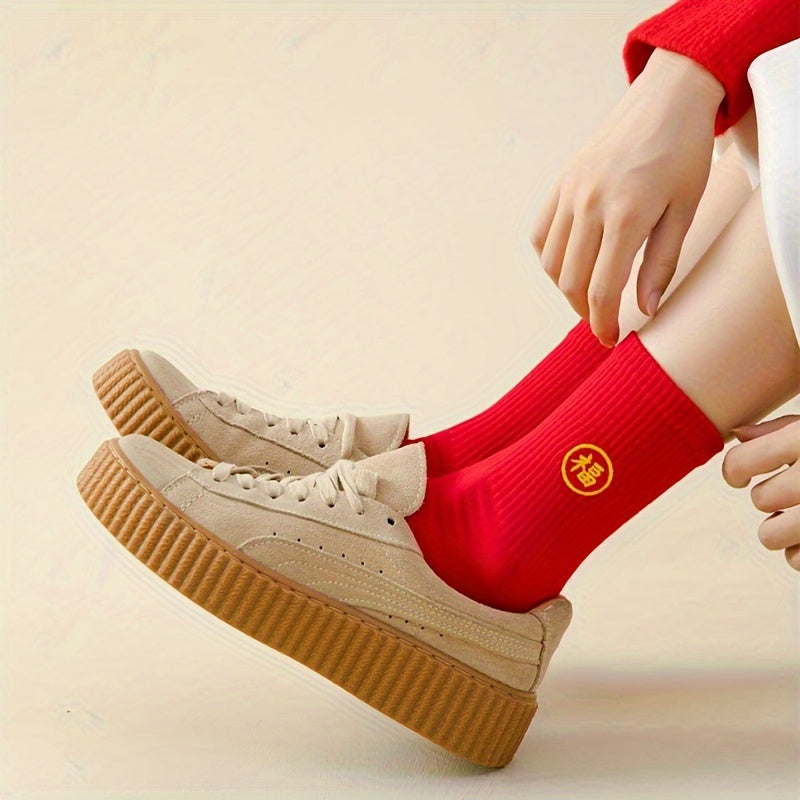 5 Pairs Red Embroidered Crew Socks Chinese New Year Christmas Gift