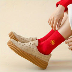 5 Pairs Red Embroidered Crew Socks Chinese New Year Christmas Gift