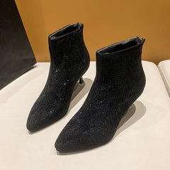 Rhinestone Decor Kitten Heel Point Toe Ankle Boots Women's Footwear