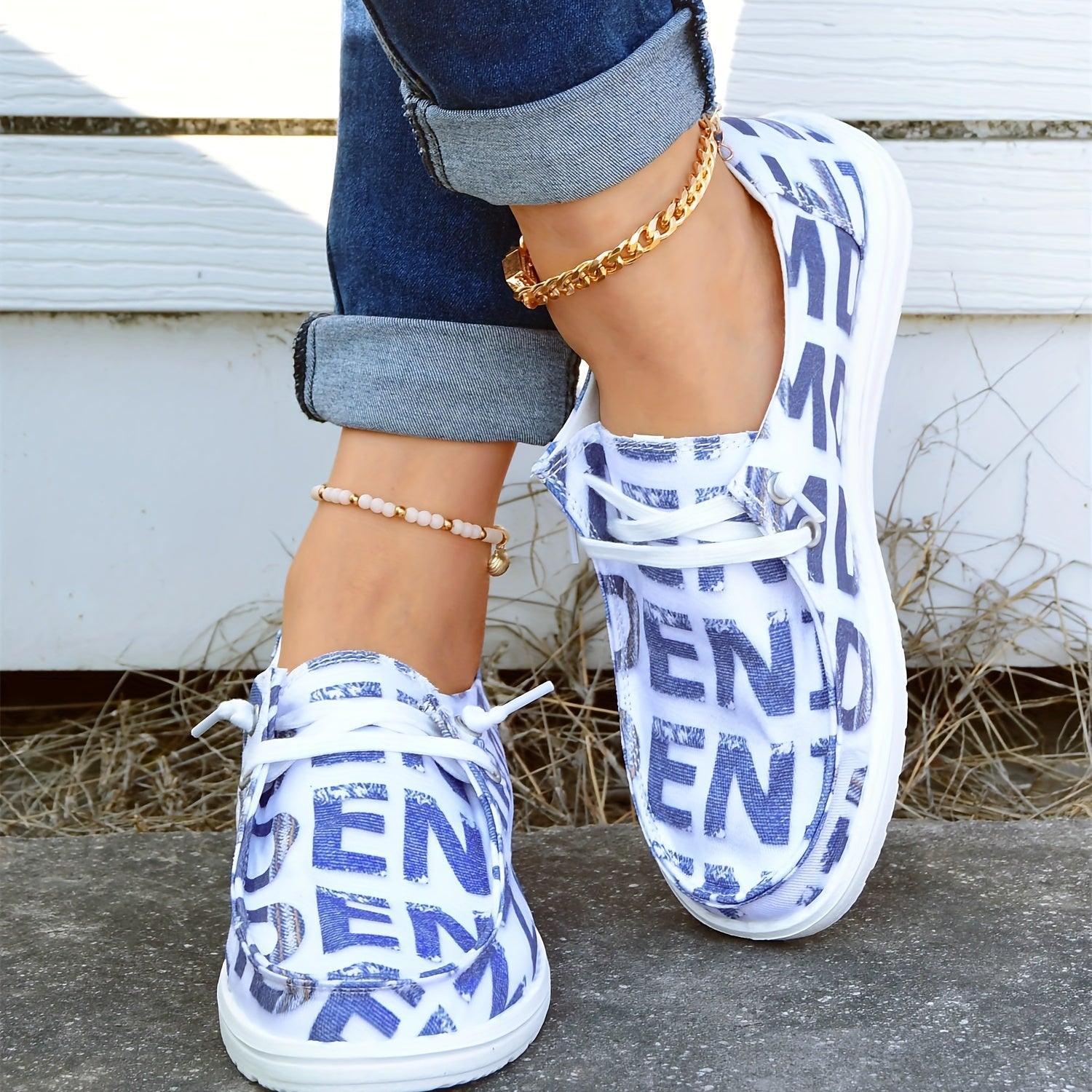 Women's Letter Pattern Boat Shoes Lace Up Casual Canvas Shoes