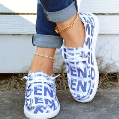 Women's Letter Pattern Boat Shoes Lace Up Casual Canvas Shoes