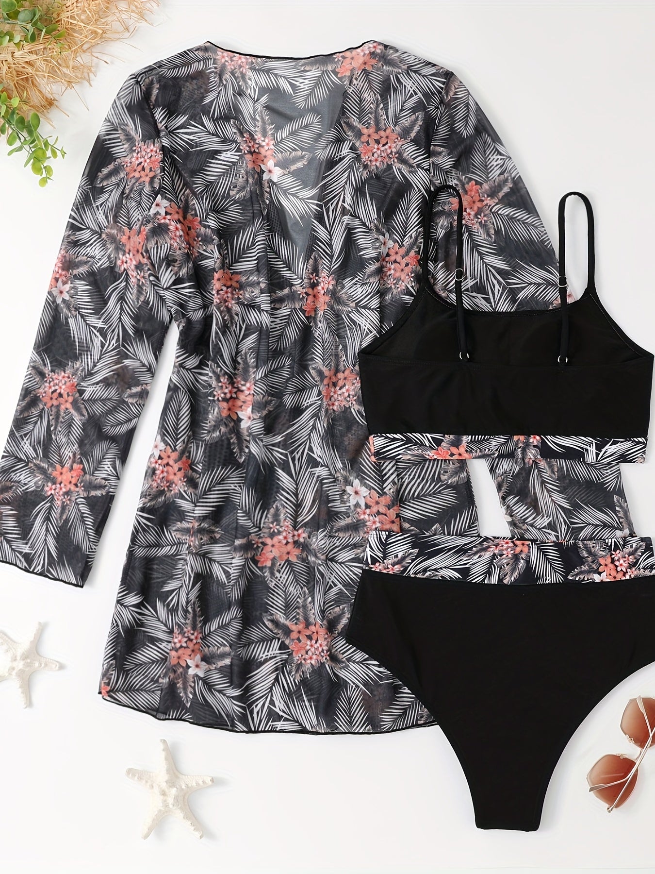 Tropical Print 3 Piece Set Swimsuits Floral Plants Cover Up Top Bottom