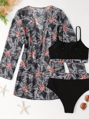 Tropical Print 3 Piece Set Swimsuits Floral Plants Cover Up Top Bottom