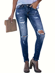 Distressed High Stretch Skinny Jeans Mid Waist Denim Trousers
