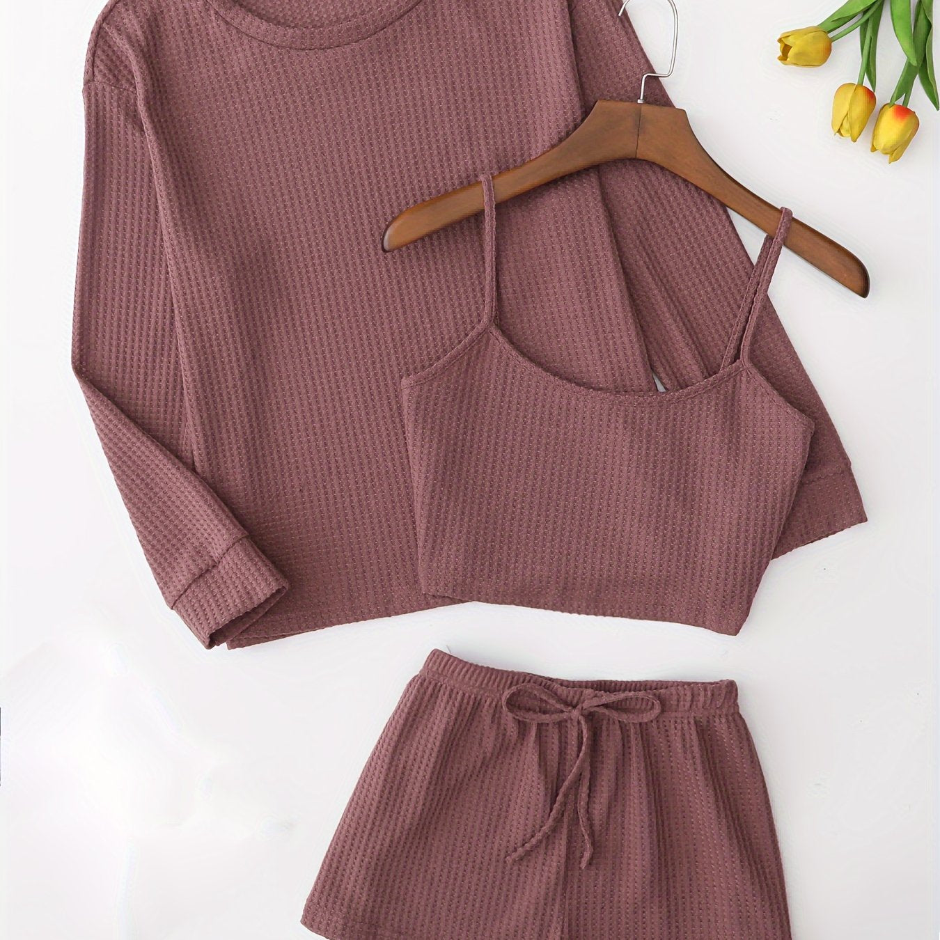 Waffle Loungewear Set: Top, Cami, Shorts