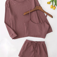 Waffle Loungewear Set: Top, Cami, Shorts