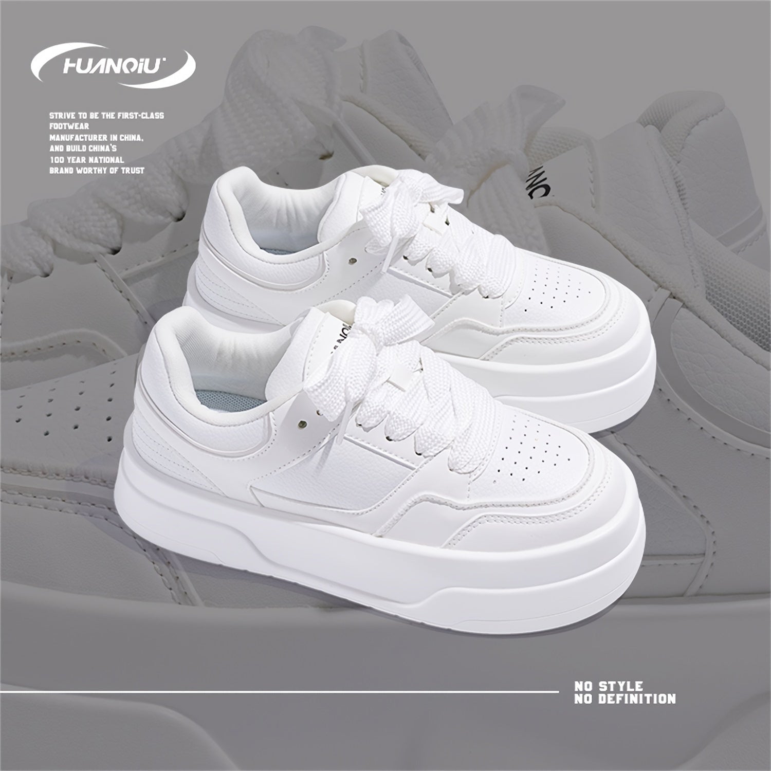 HUANQIU Lace-up Non-slip Skate Shoes Thick Sole Casual Walking Shoes