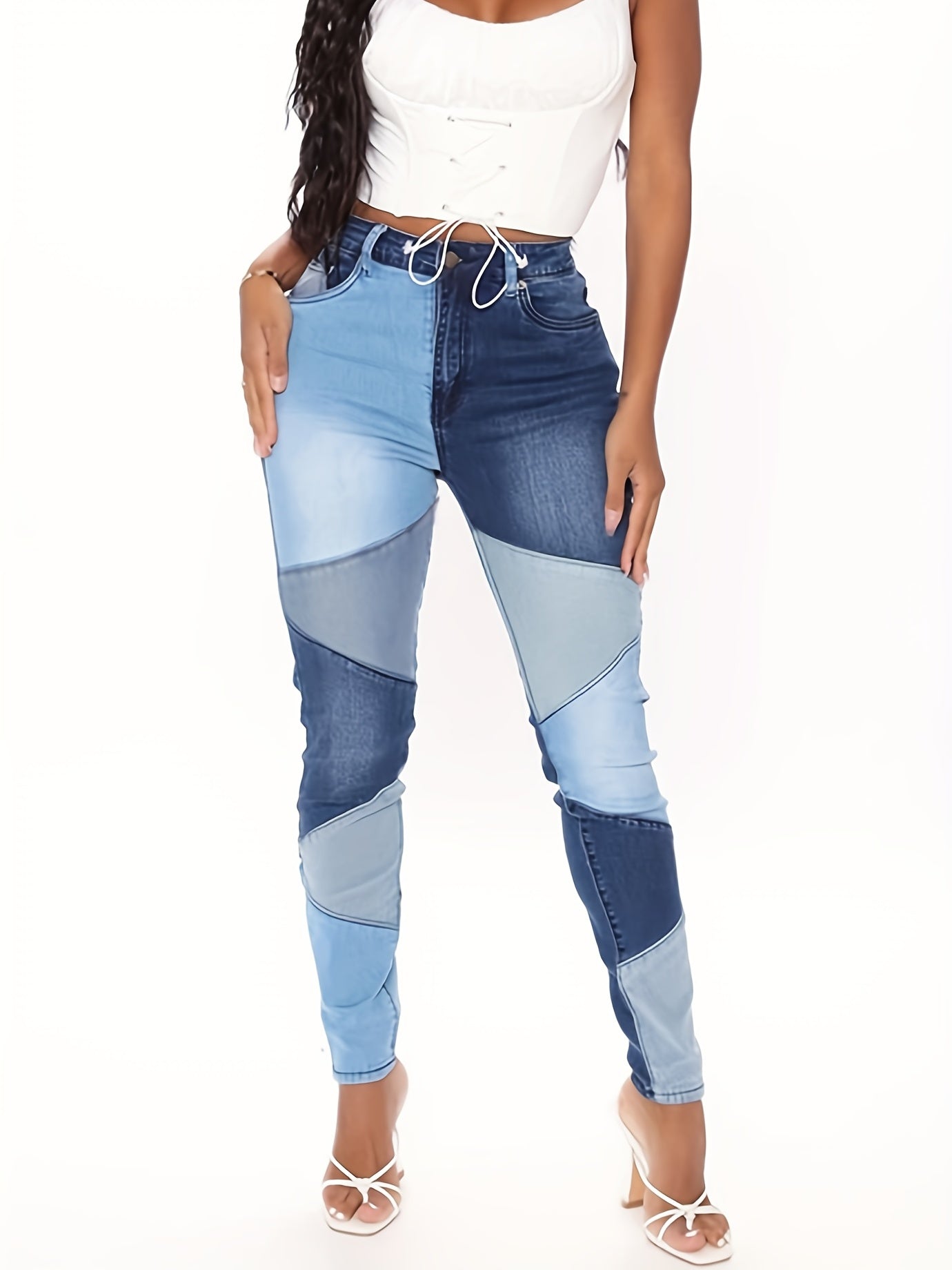 Colorblock Skinny Jeans High Rise Stretch Denim