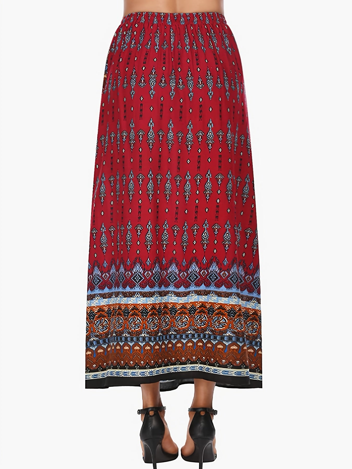 Boho Paisley Print Maxi Skirt Ethnic Elastic Waist High Stretch
