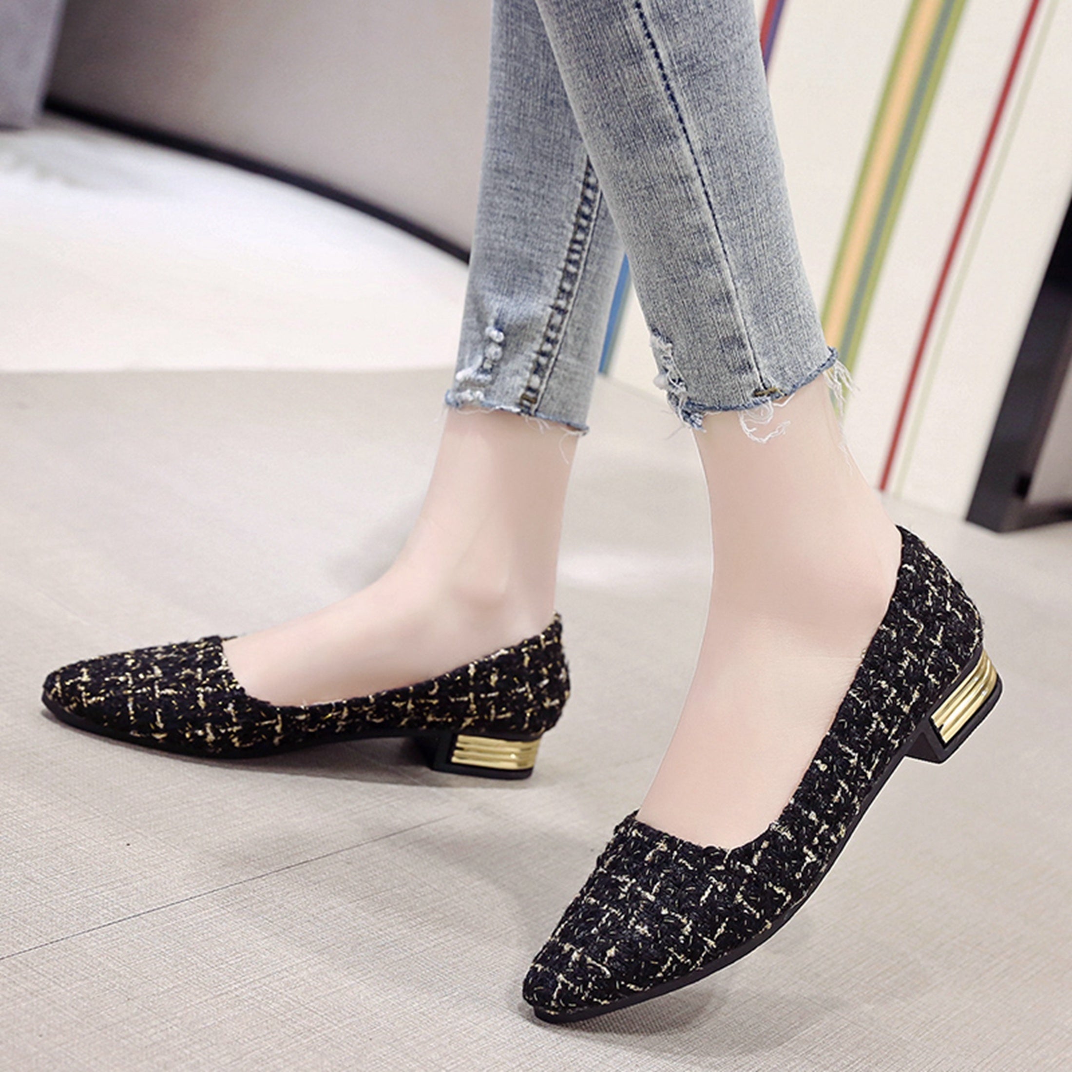 Women's Tweed Flat Shoes Almond Toe Slip On Soft Sole Shoes
