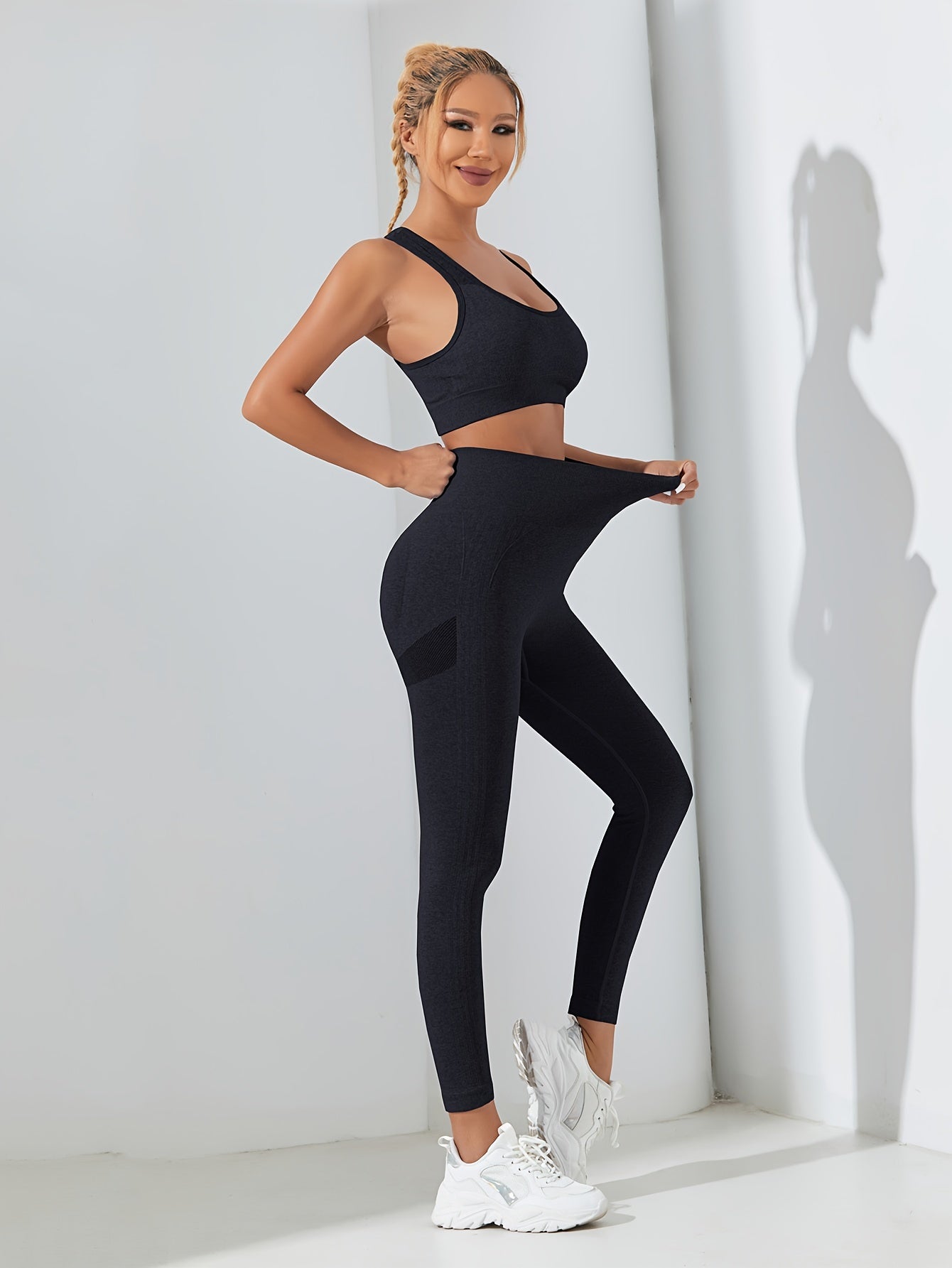 2pcs Solid Fitness Yoga Set Sports Bra & Leggings Women's Activewear