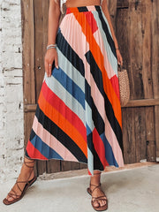 Striped Pleated Maxi Skirt Vintage Elastic Waist Skirt