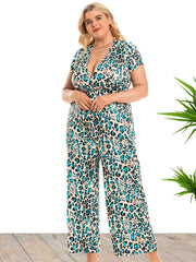 Leopard Print Deep V Neck Jumpsuit Women's Plus