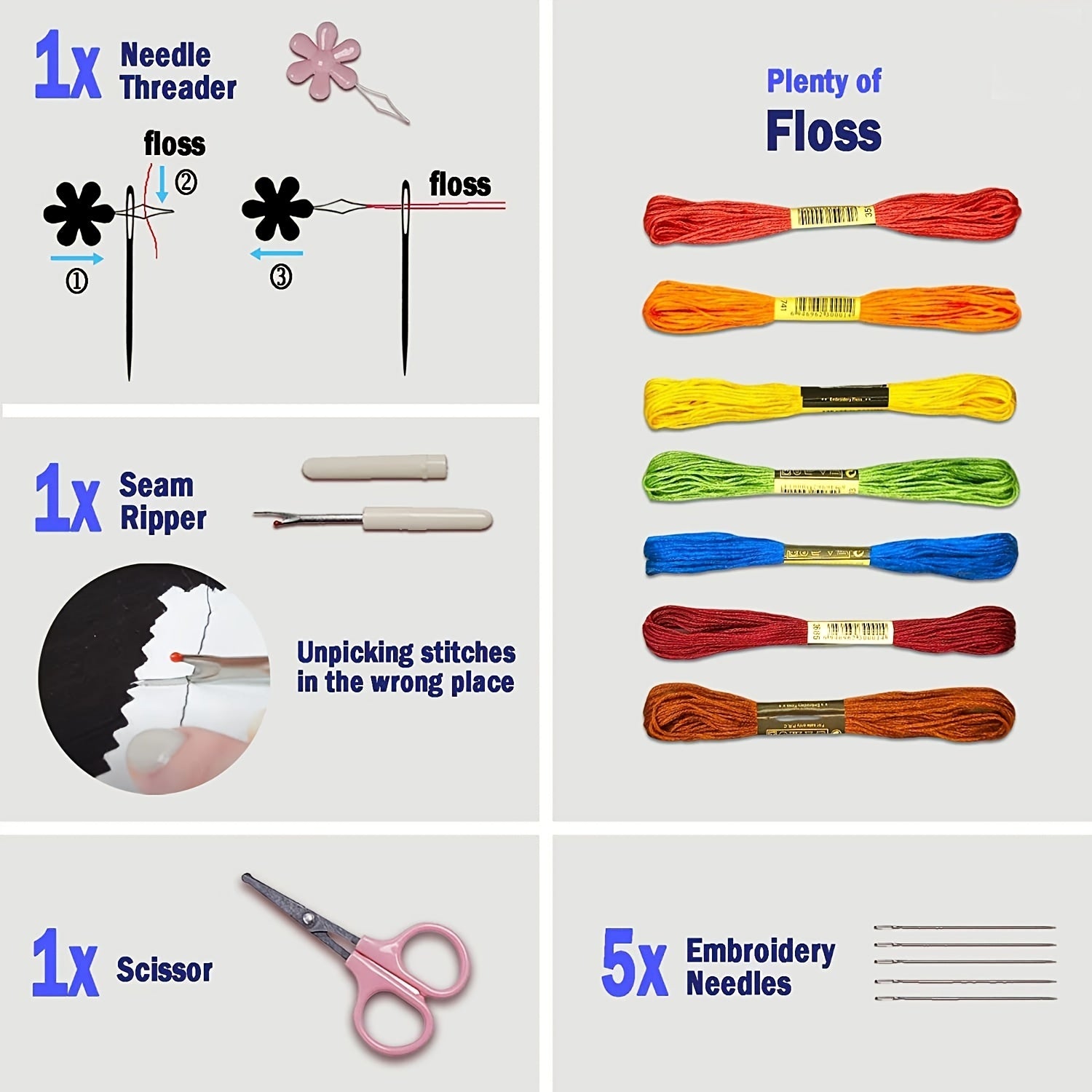 3 Sets Embroidery Starter Kit w/ Pattern & Instructions - Cross Stitch Set