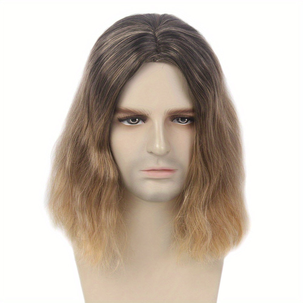 Curly Dark Brown Men's Wig Middle Part Cosplay Anime Heat Resistant