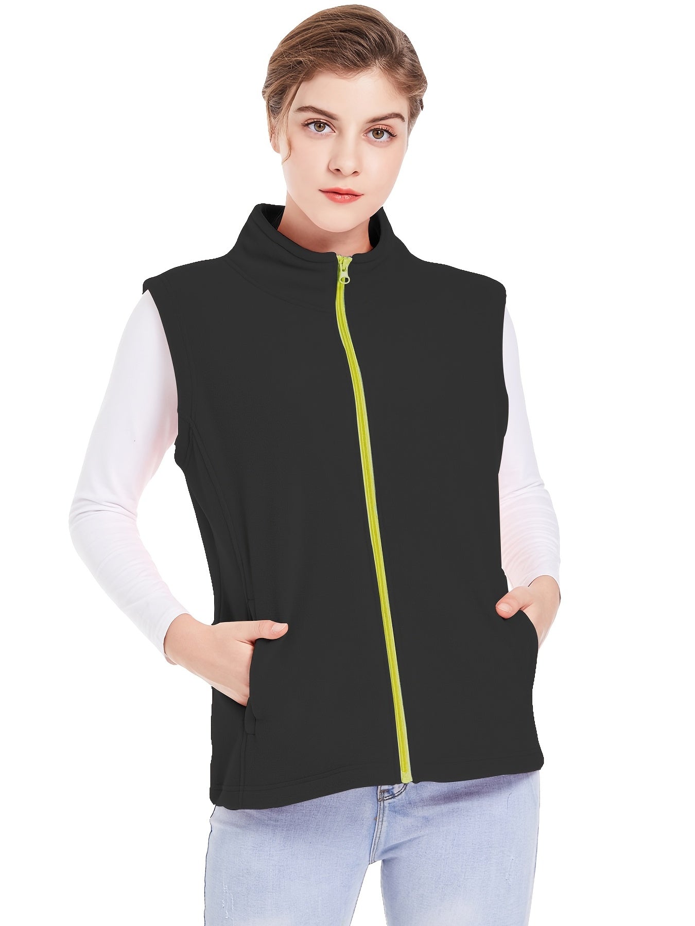 Sleeveless Stand Collar Jacket with Pockets Women's Outerwear