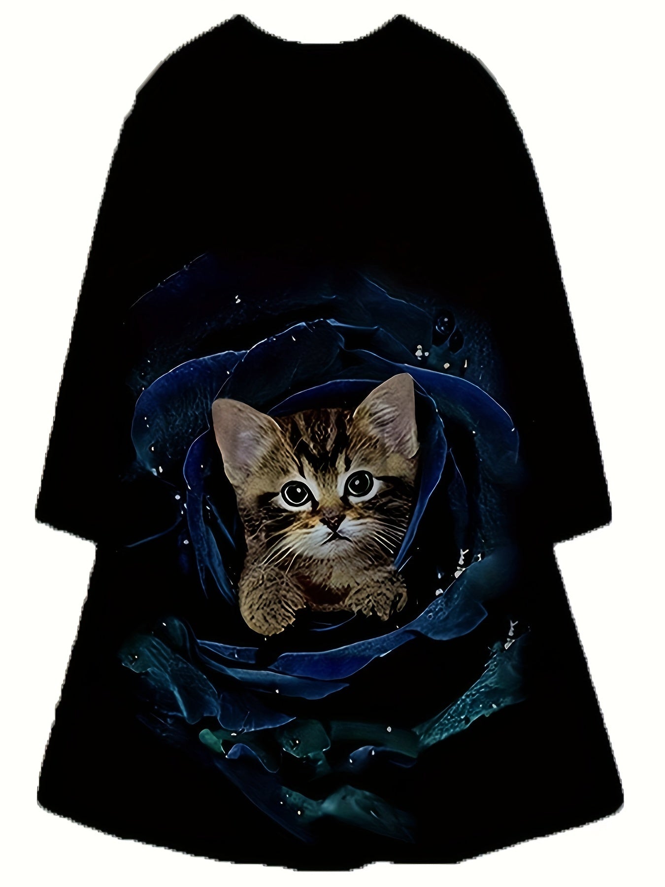 Girls 3D Flower Cat Graphic Crew Neck Long Sleeve Dress