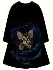 Girls 3D Flower Cat Graphic Crew Neck Long Sleeve Dress