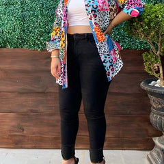 Colorblock Leopard Print Button Up Shirt