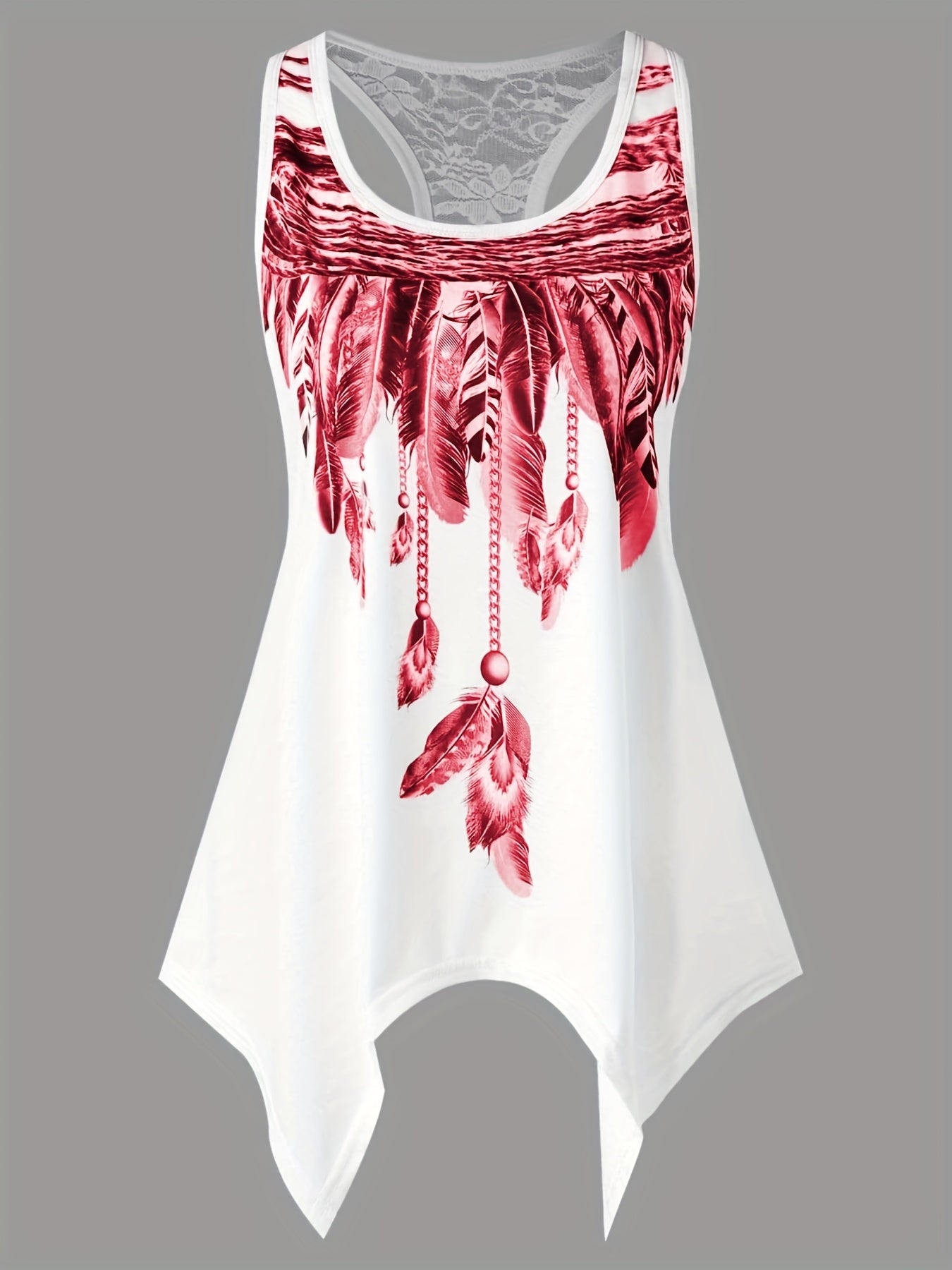 Feather Print Tank Top Round Neck Medium Stretch