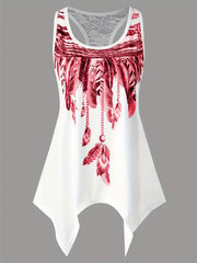Feather Print Tank Top Round Neck Medium Stretch
