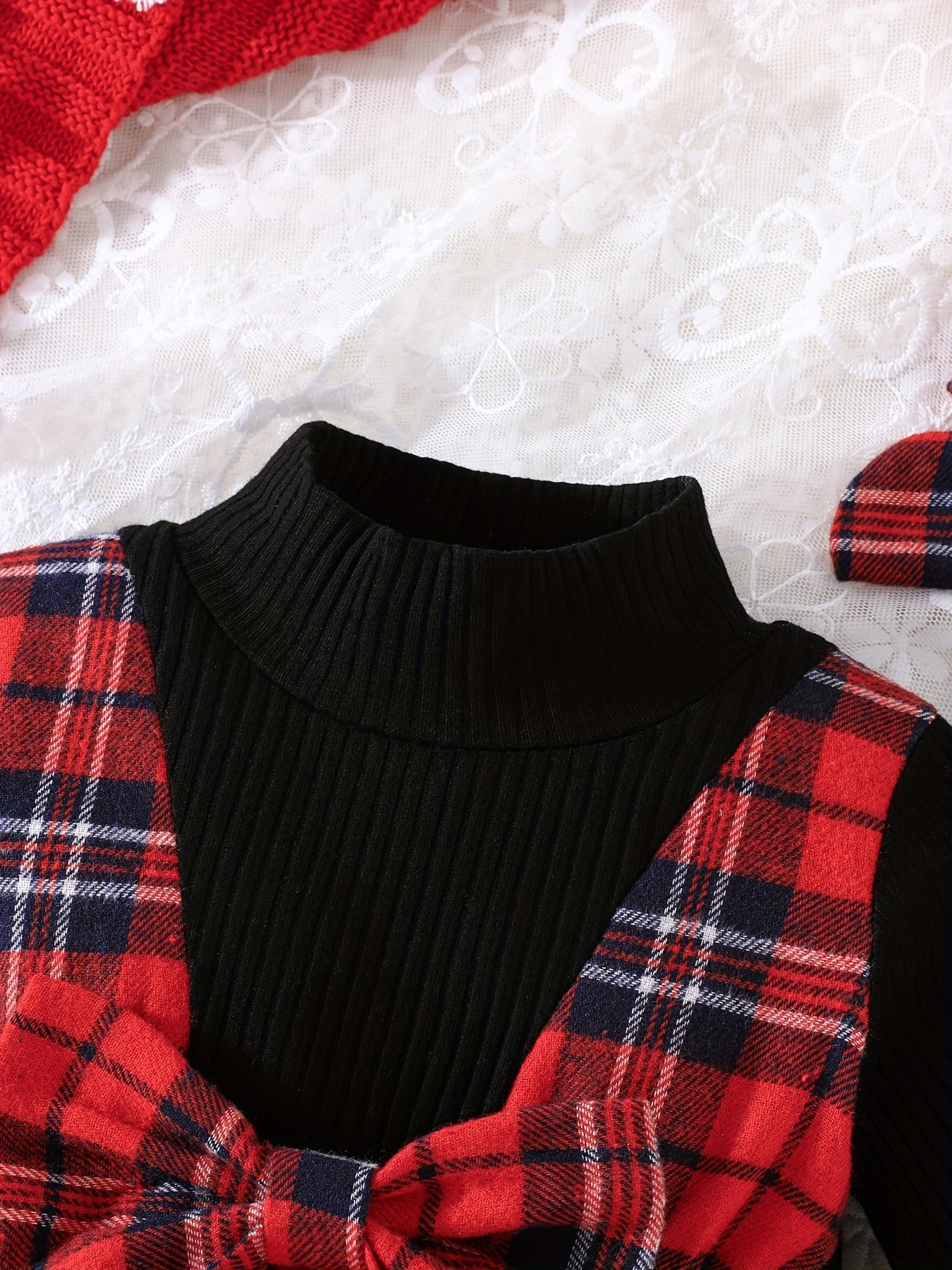 Baby Girl's Red Plaid Long Sleeve Dress Headband Set