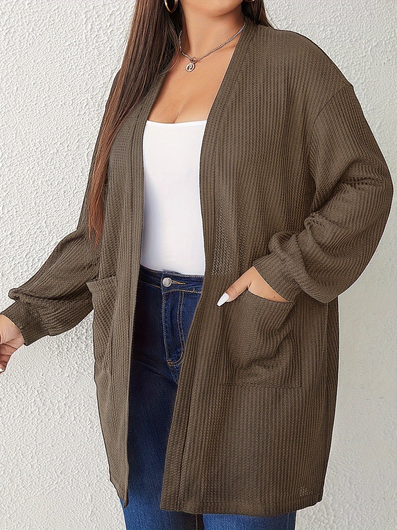 Solid Waffle Pattern Long Sleeve Open Front Cardigan