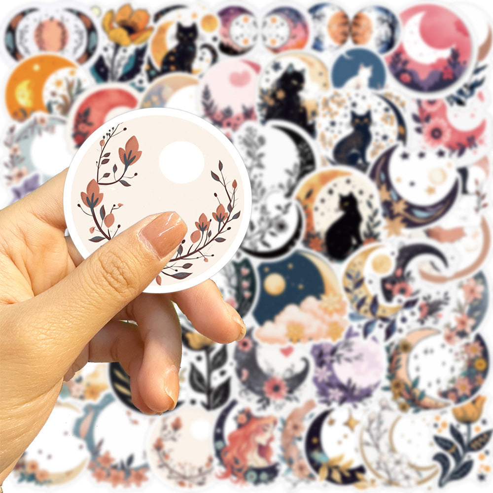 50pcs Moon Flower Cat Cartoon Stickers PVC Decals for Luggage Guitar Car Skatebo